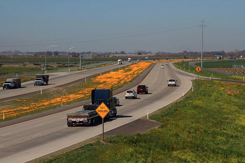 a photograph of a highway with cars driving on it